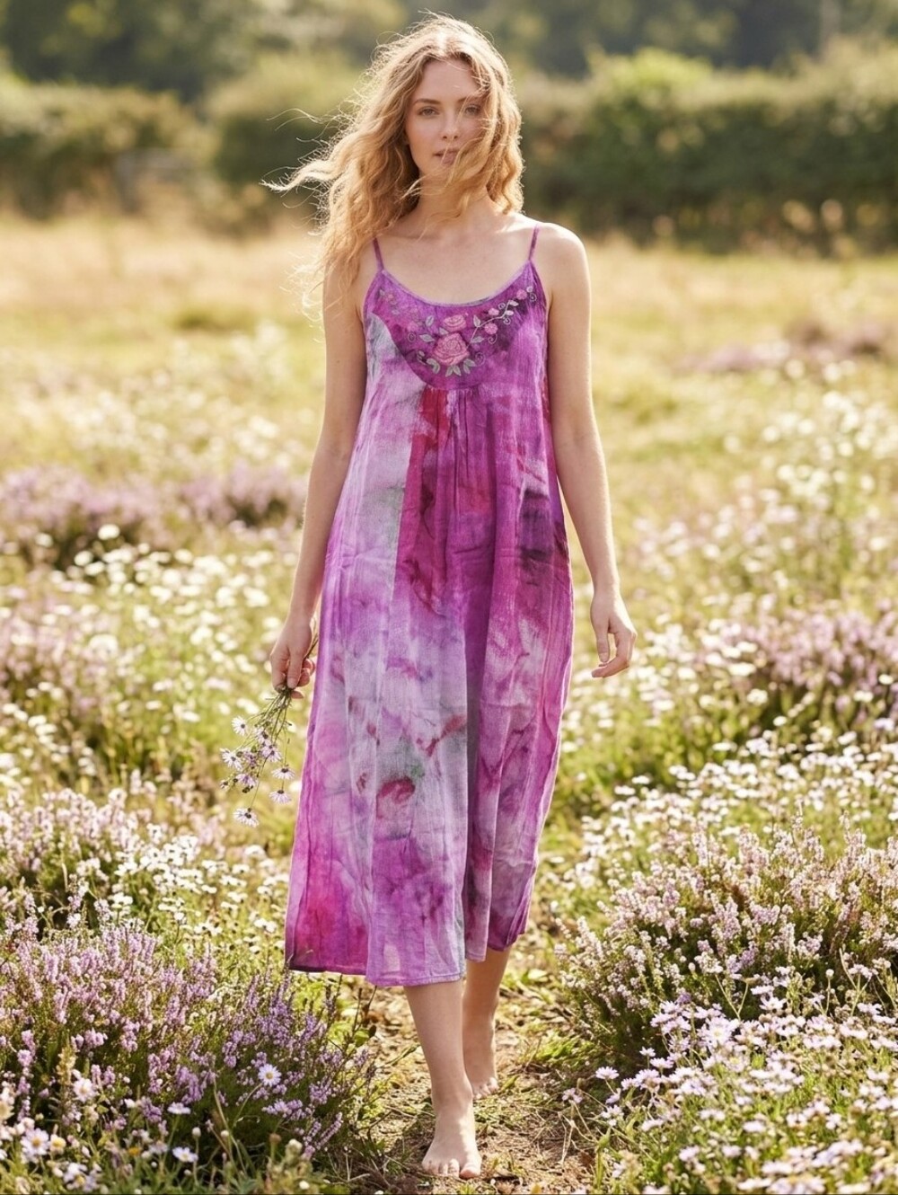APRIL CORNELL Pink Purple Embroidered Cotton Gauze Strappy Midi Sundress